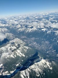 Aerial view of snowcapped mountains against sky