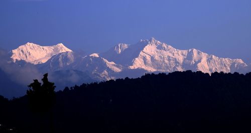 Scenic view of snowcapped mountains against clear sky