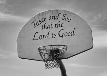 Low angle view of basketball hoop against sky. taste and see. 