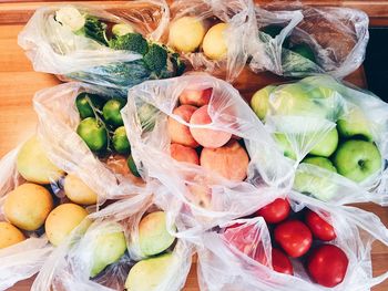 High angle view of vegetables and fruits on table