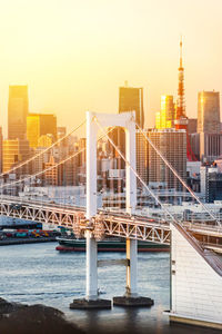 Bridge over river by buildings against sky during sunset