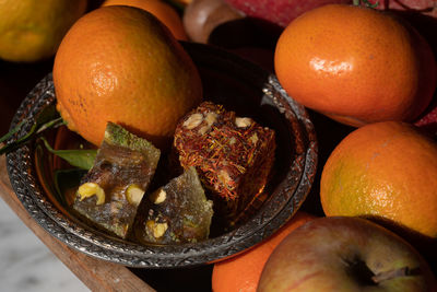 High angle view of fruits in bowl on table