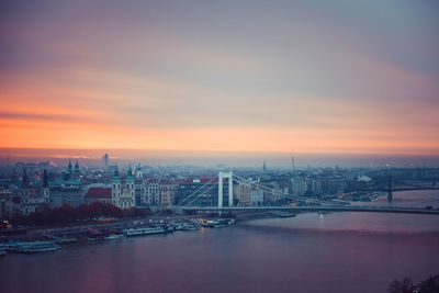 Bridge over river in city against sky during sunset