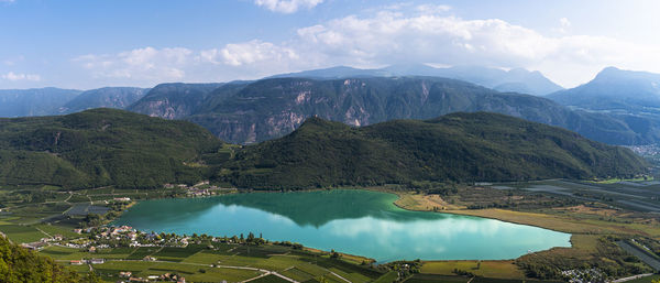 Panoramic view of lake and mountains against sky