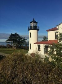 Lighthouse by building against clear blue sky