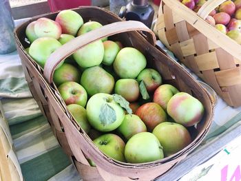 High angle view of fruits in basket on table