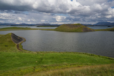 Scenic view of landscape and lake against sky