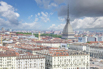 Aerial view of the skyline of turin with the mole antonelliana