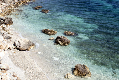 High angle view of rocks on sea shore