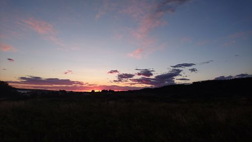 Scenic view of silhouette field against sky at sunset