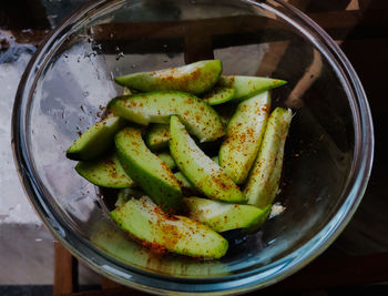 High angle view of vegetables in bowl on table