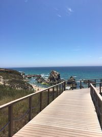 Scenic view of sea against clear blue sky