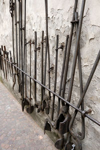 Close-up of railings against wall