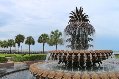 Palm trees on fountain against sky