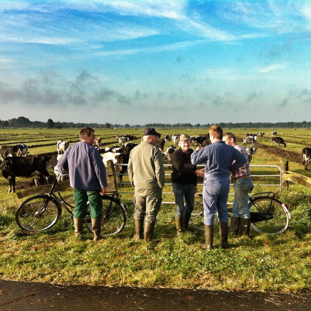 lifestyles, men, sky, leisure activity, togetherness, rear view, grass, casual clothing, person, boys, field, full length, bicycle, walking, cloud - sky, landscape, bonding, standing