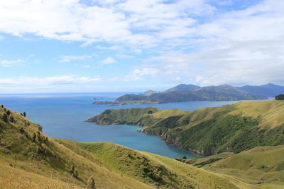 Scenic view of sea and mountains against sky