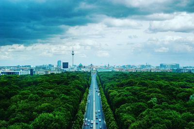 Street amidst trees with cityscape in background