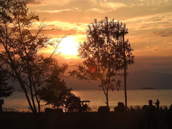 Silhouette trees by sea against sky during sunset