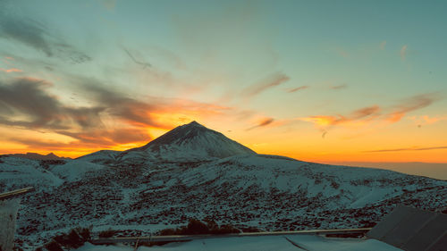 Scenic view of mountains against sky during sunset