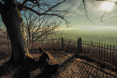 Bare tree by railing against sky during sunset