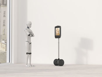 Robot at video conference, 3d rendering