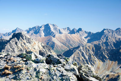 Scenic view of mountains against clear blue sky