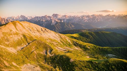 Scenic view of mountains against sky during sunset