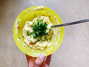 High angle view of person holding ice cream in bowl