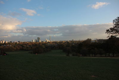 Trees in city against sky