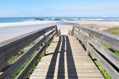Boardwalk on beach against sky