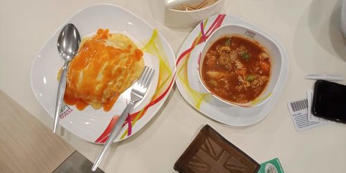 High angle view of meal served on table