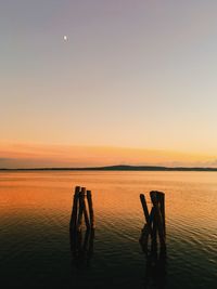 Wooden posts in lake against sky during sunset