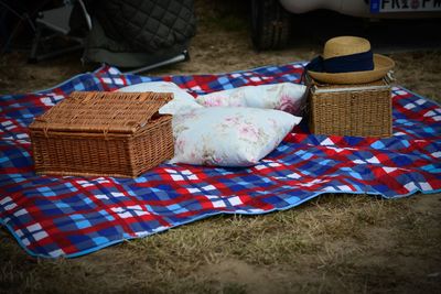 Close-up of chocolate cake in basket on field