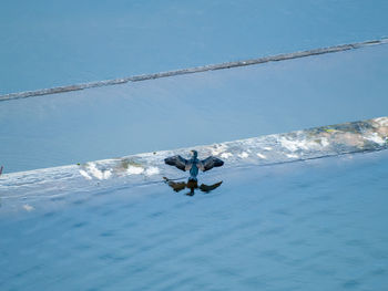 Person on blue sea against sky