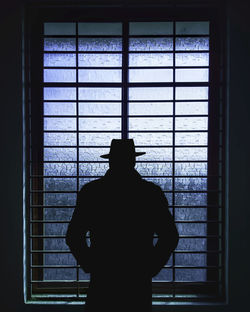 Rear view of silhouette man standing against window