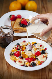 High angle view of breakfast served on table