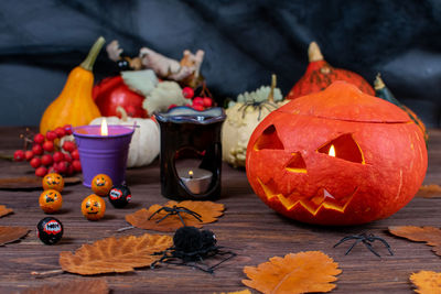 High angle view of jack o lantern on table