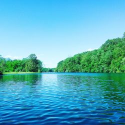 Scenic view of lake against clear blue sky