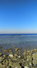 Scenic view of sea against clear blue sky