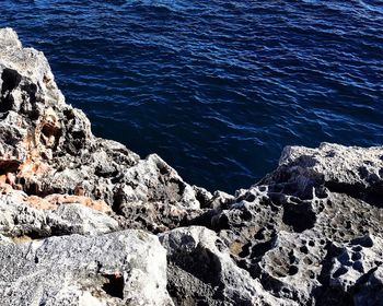 High angle view of rocks at shore