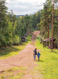 Rear view of men walking on footpath amidst trees