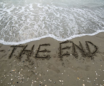 High angle view of text on beach