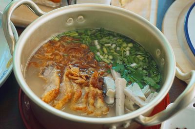High angle view of soup in bowl on table