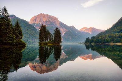 Reflection of trees in lake against sky