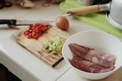 High angle view of food on cutting board