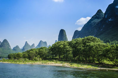 Scenic view of river by trees against sky