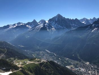Scenic view of snowcapped mountains against clear sky