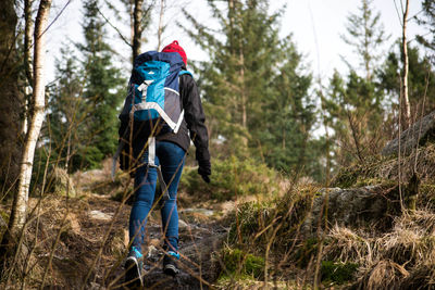 Man with umbrella against trees in forest