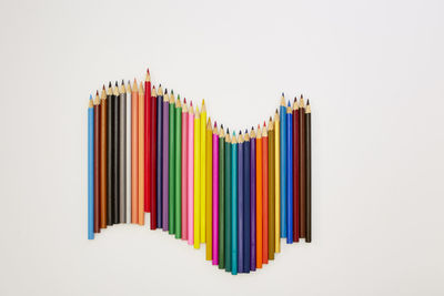 Close-up of multi colored pencils against white background