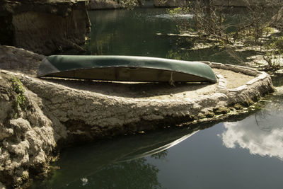 Reflection of boat in water